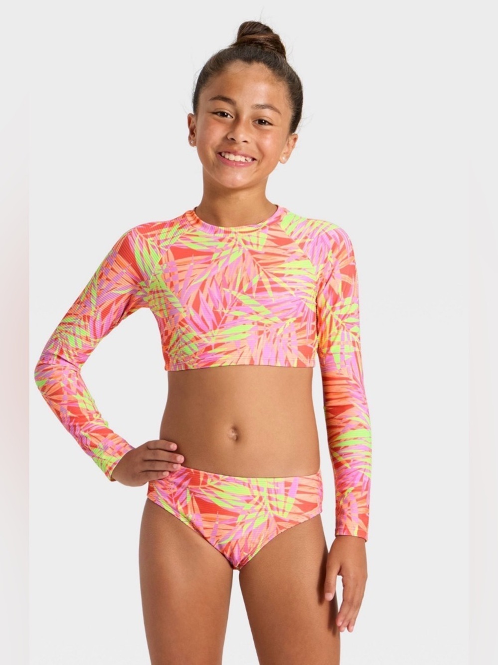 Cat & Jack Neon Leaf Print Swim Set - Pink/Green/Lavender. Sz M 8